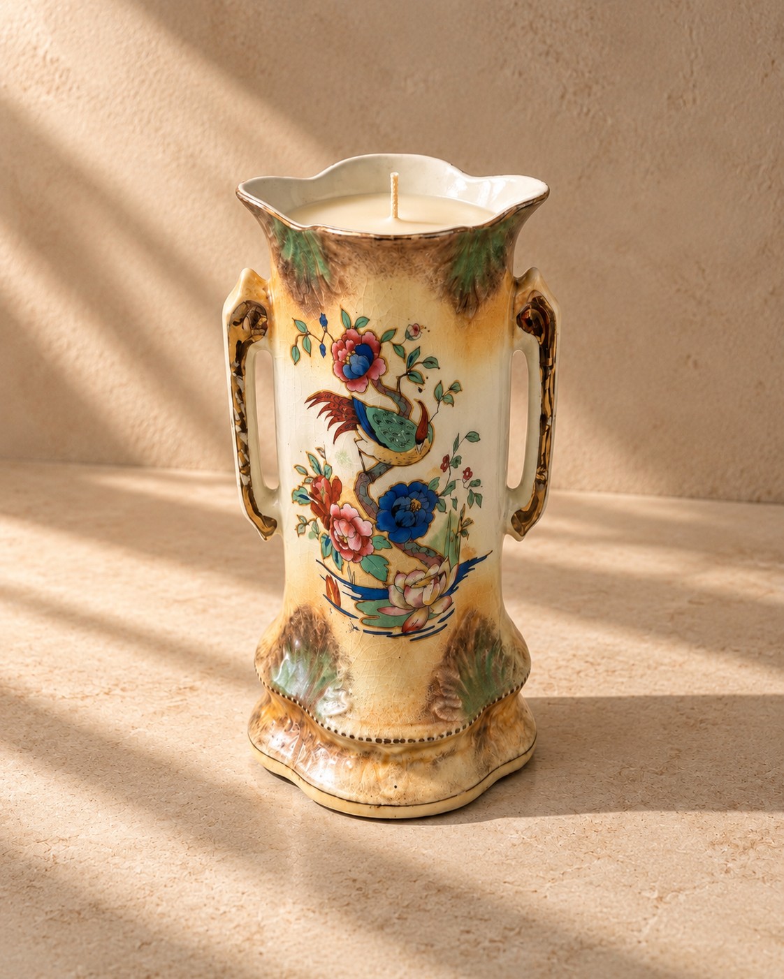 Tall floral porcelain vase with sculptural handles