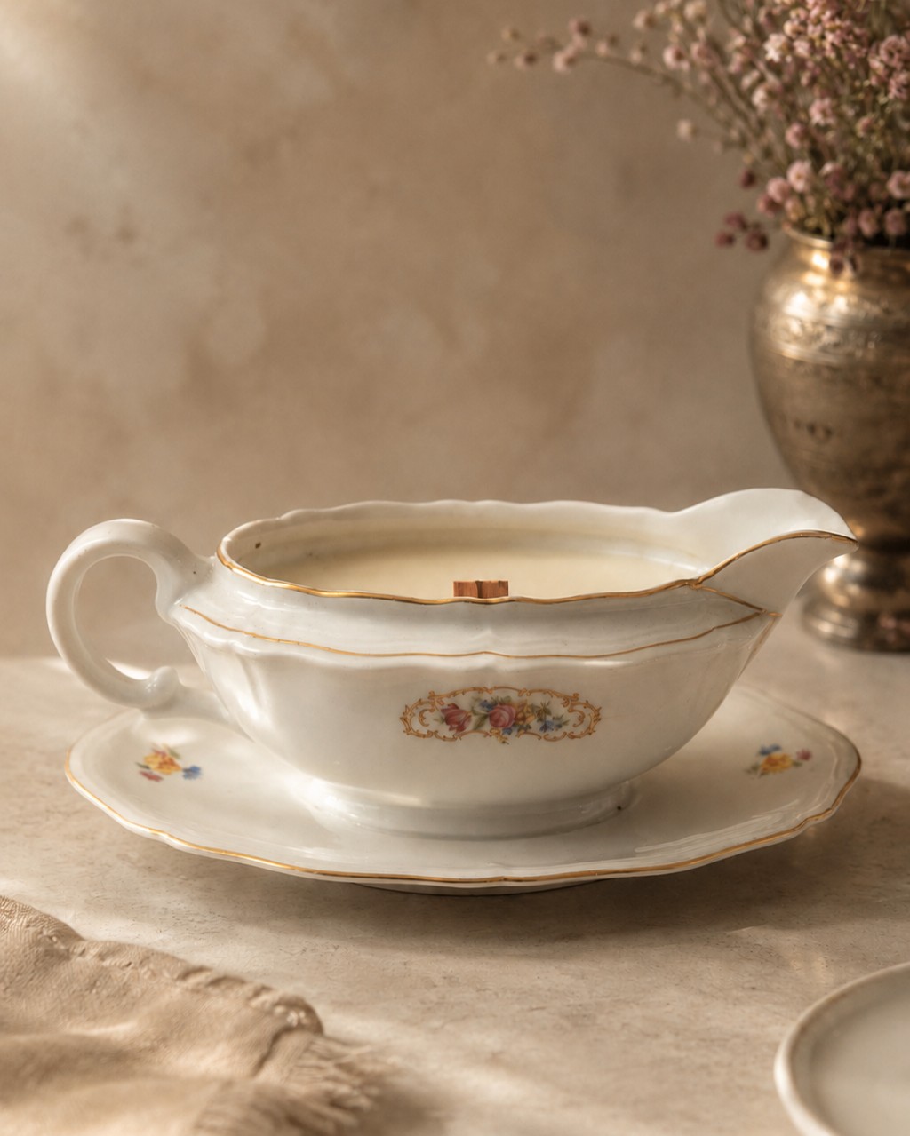 Floral porcelain gravy boat with matching underplate