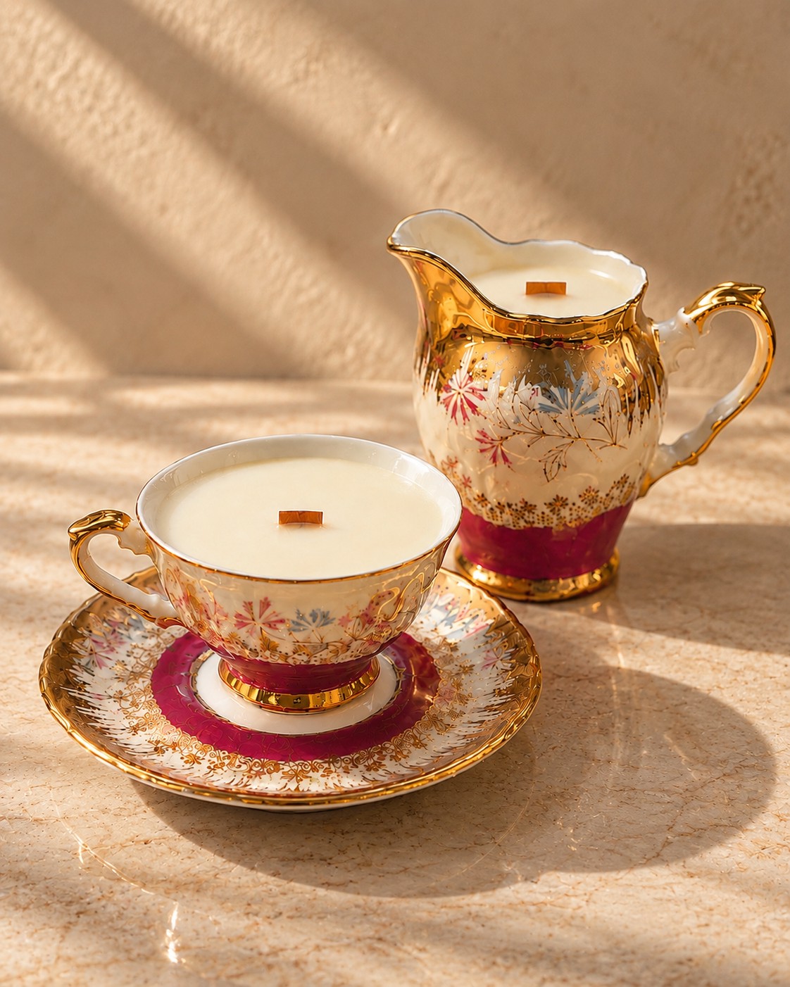 Burgundy-and-gilt teacup set with matching creamer