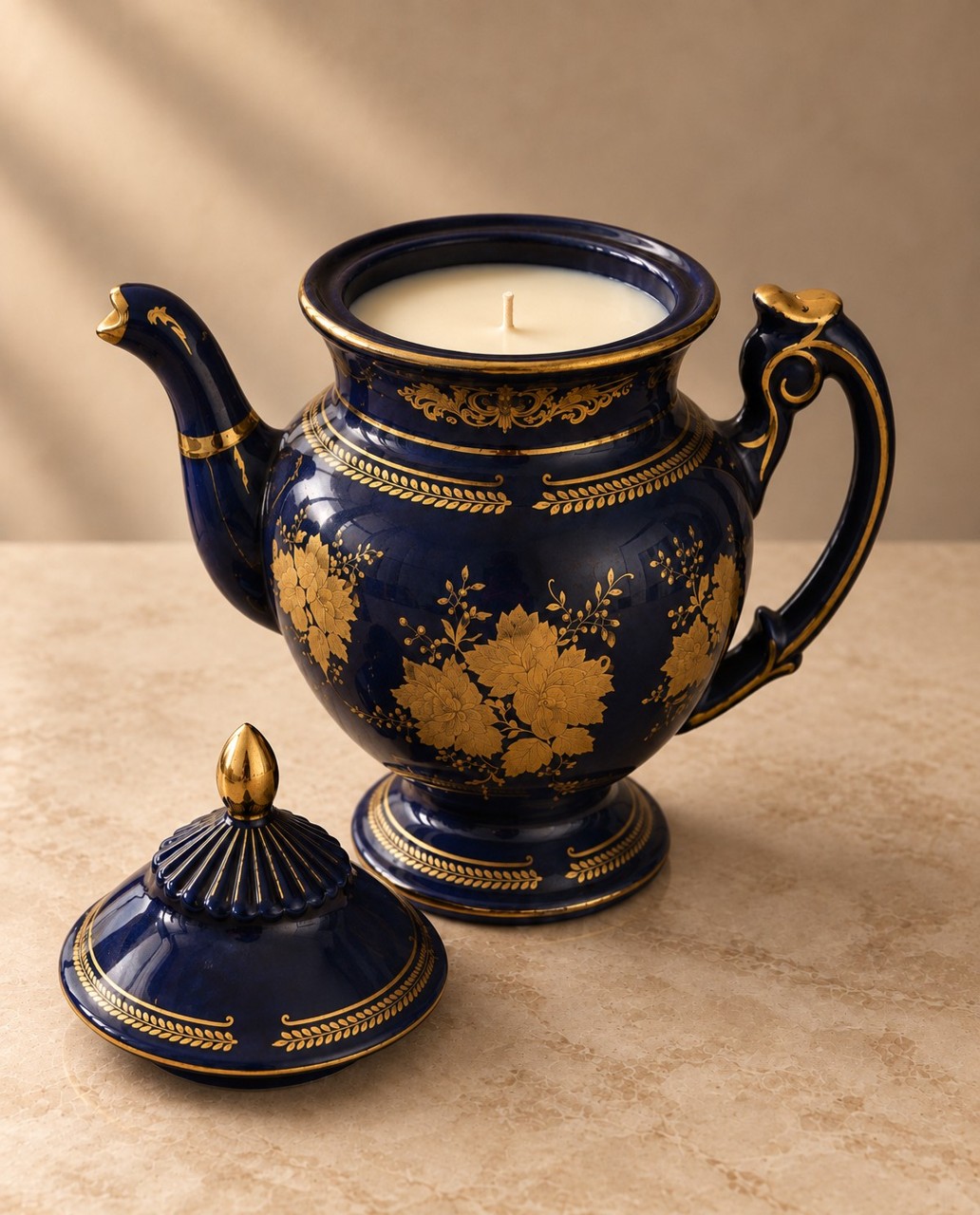 Cobalt-and-gilt porcelain teapot with original lid