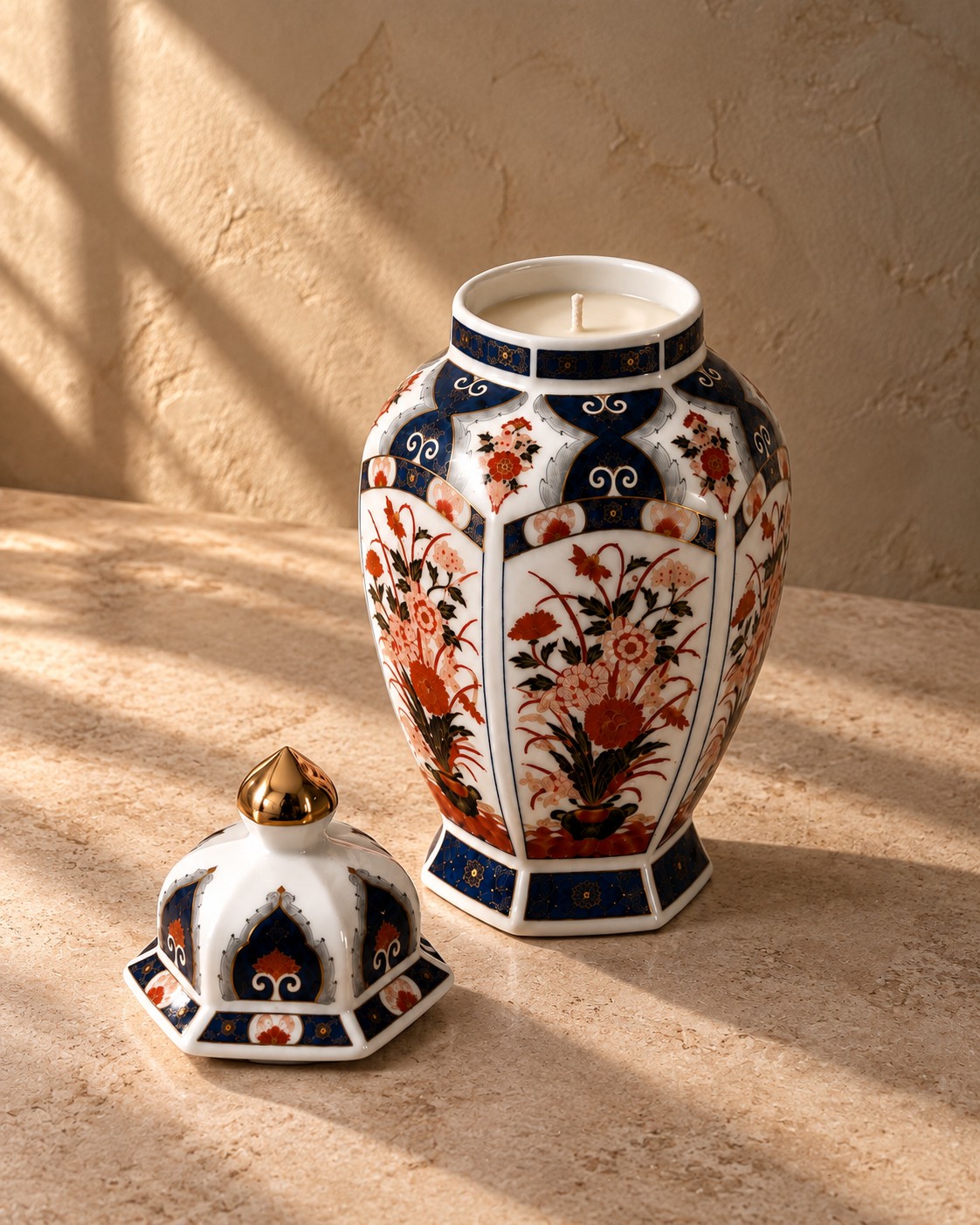 Tall floral porcelain vase with matching lid