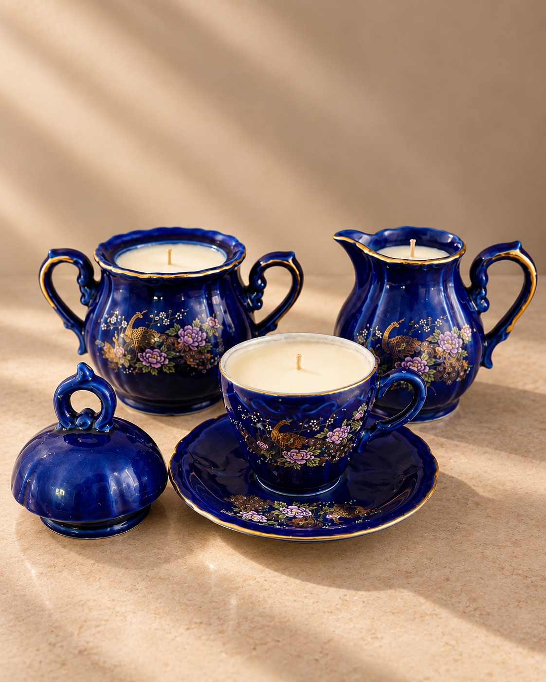 Coordinated cobalt-and-gilt porcelain tea set