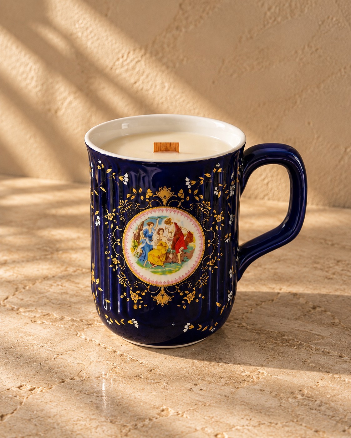 Cobalt porcelain mug with painted medallion