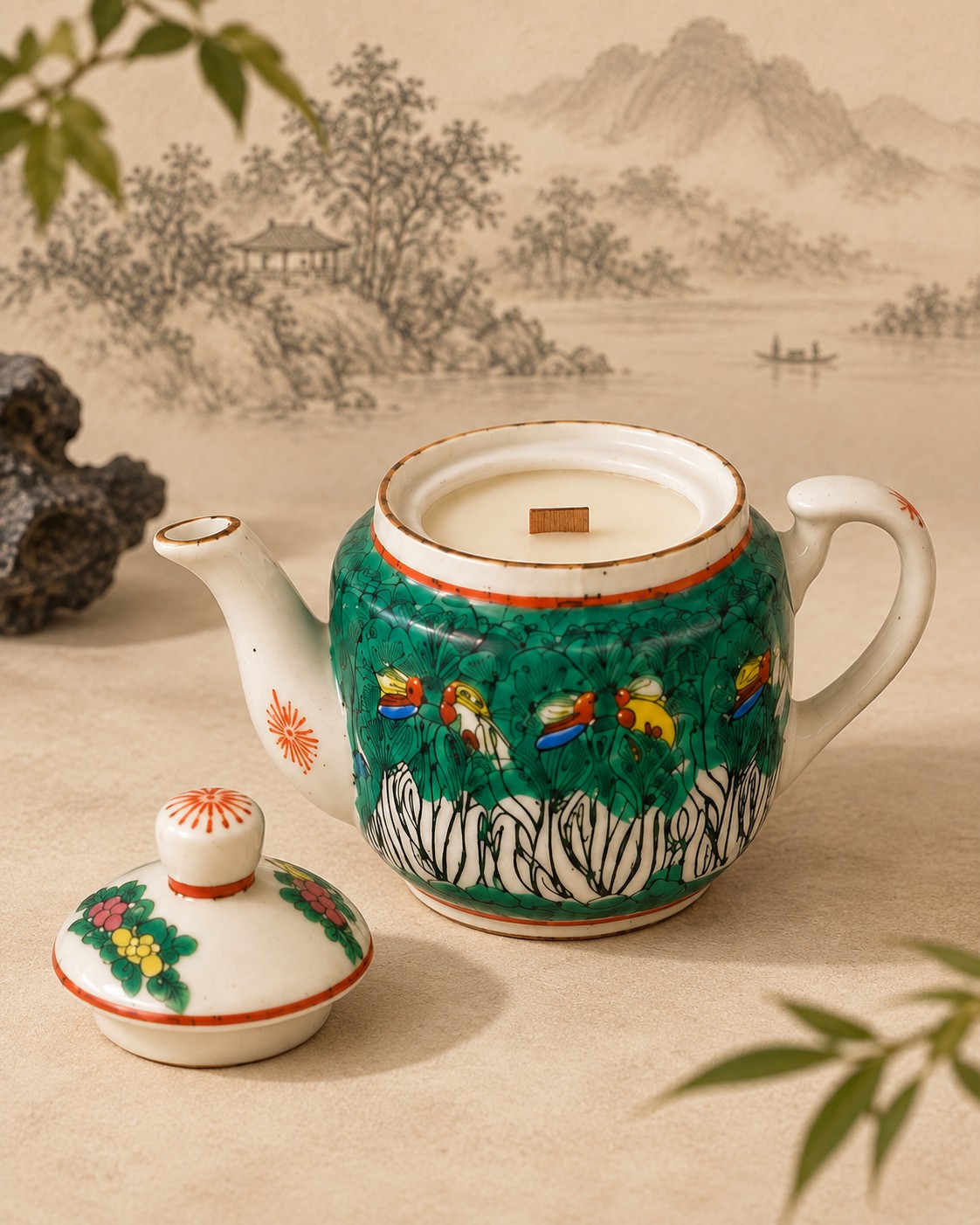Miniature green palette porcelain teapot