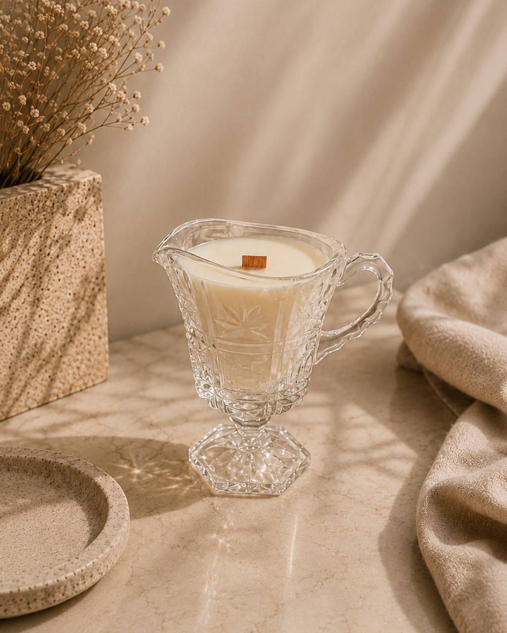 Footed crystal creamer candle