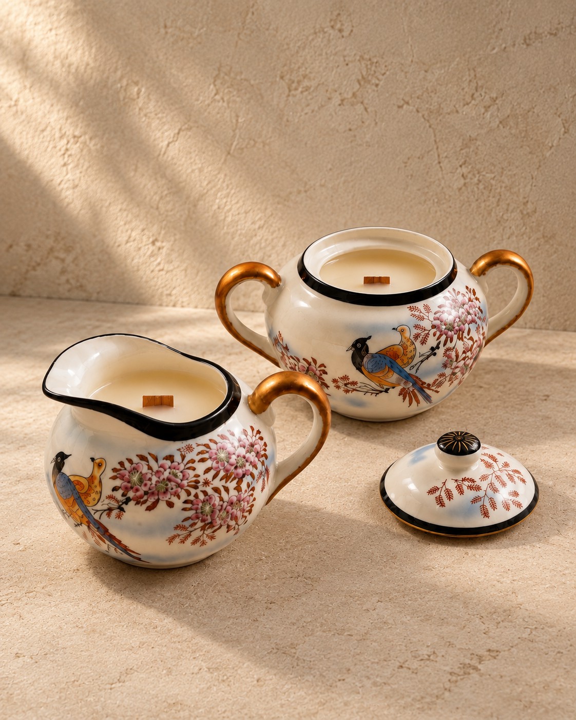 Coordinated floral porcelain sugar bowl and creamer