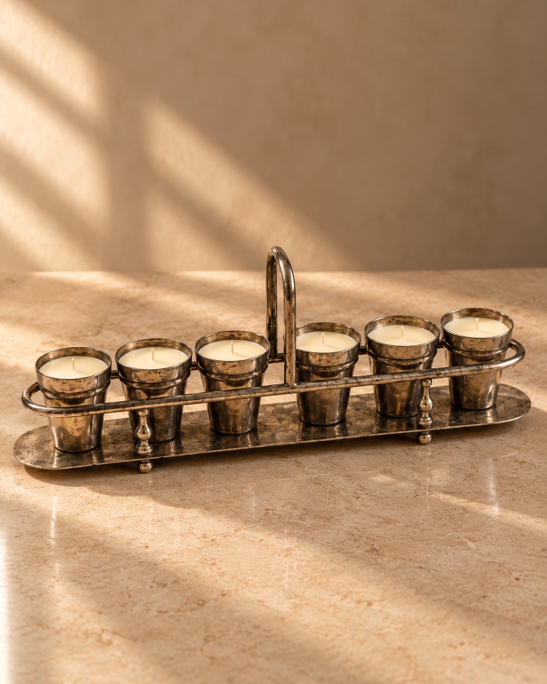 Vintage metal cordial-cup set with handled stand