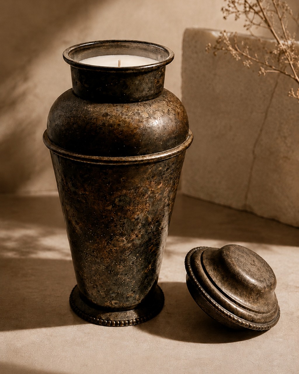 Tall vintage metal cocktail shaker with original lid