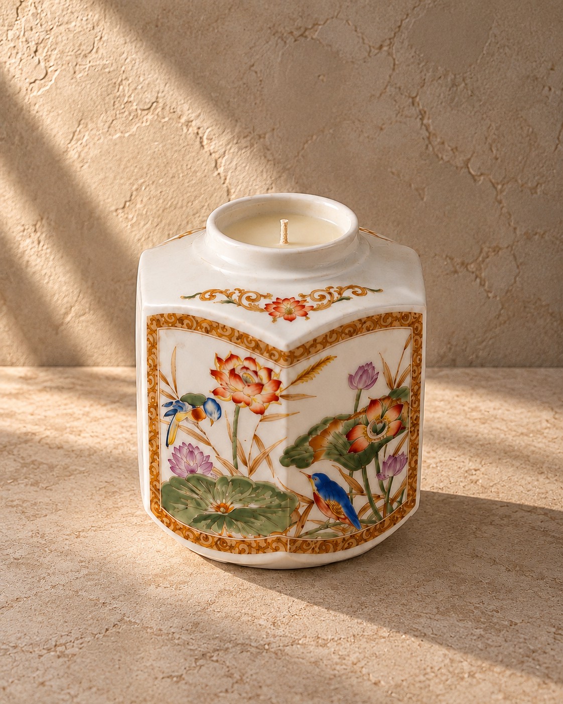 Hexagonal illustrated porcelain tea caddy
