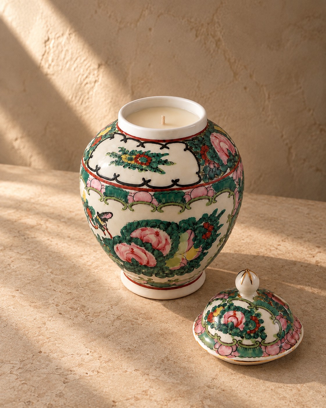 Famille rose porcelain ginger jar with original lid